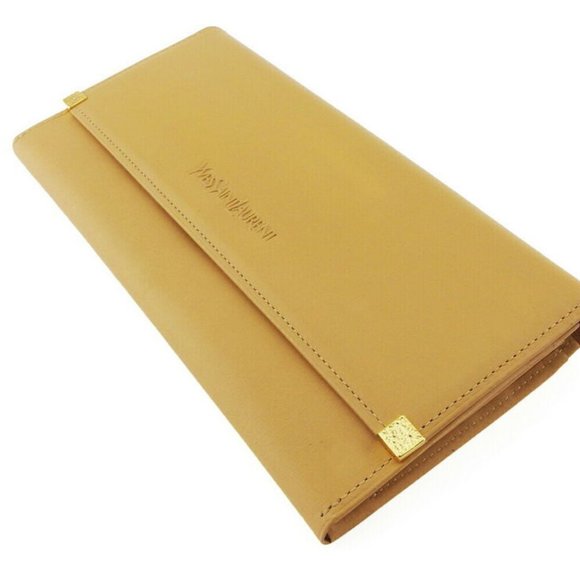 Auth Saint Laurent Long Wallet Logo Beige Leather - Picture 2 of 8